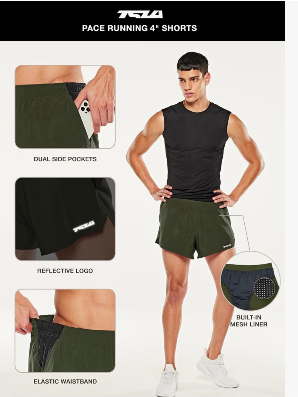 XS TSLA Men's Olive Green Athletic Shorts with Black Panels